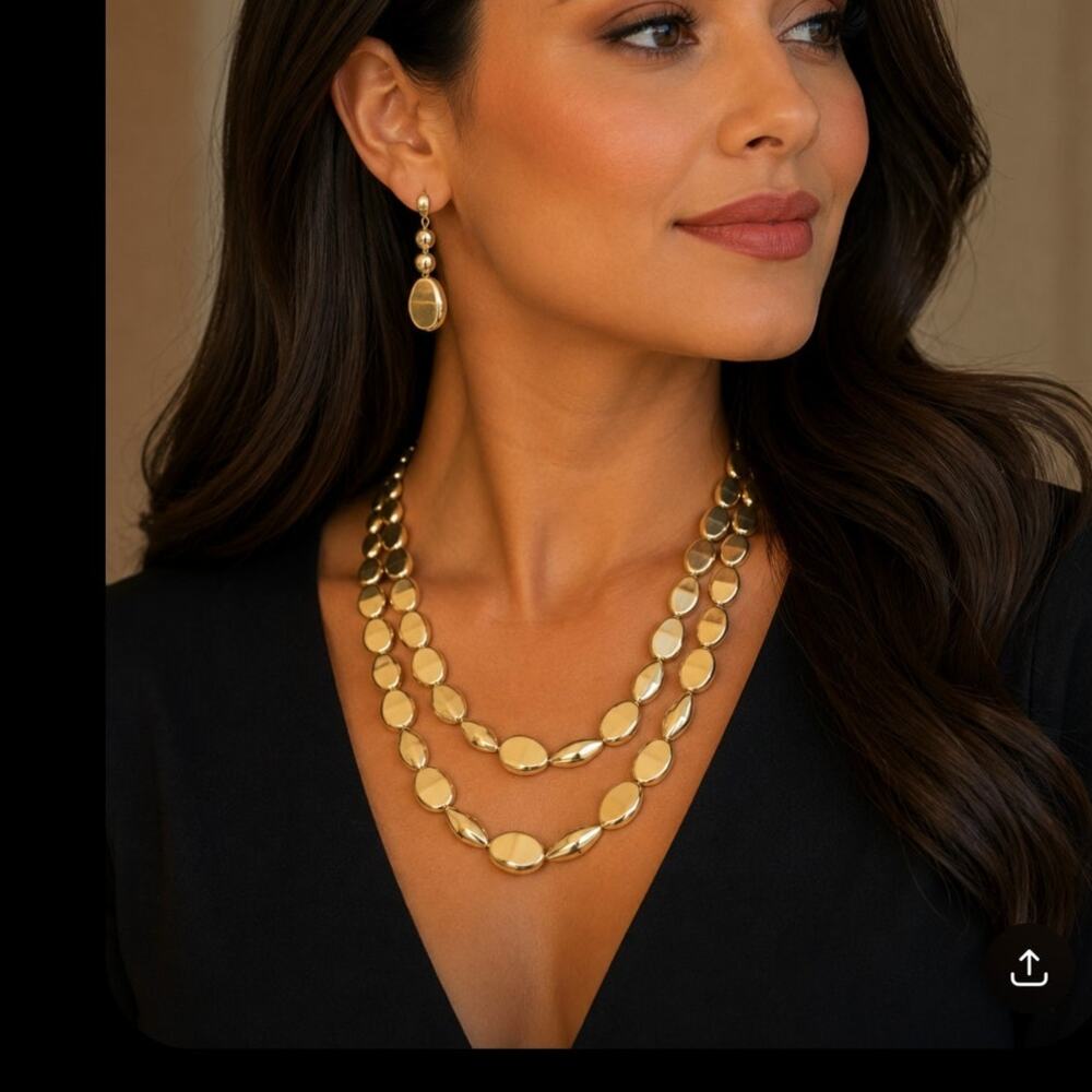 Vintage Gold Tone Double Strand Pebble Station Necklace & Matching Earrings Set